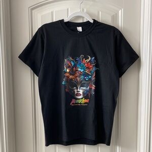 Black Graphic T-Shirt with Colorful Mask Design